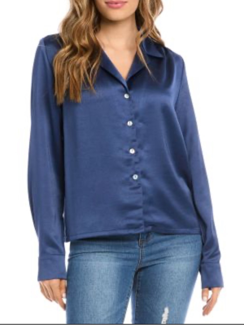 NWT Karen Kane Satin Button-Front Blouse - Navy Blue